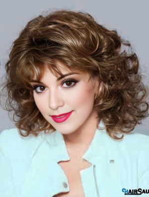 No-Fuss Brown Shoulder Length Curly With Bangs Lace Front Wigs