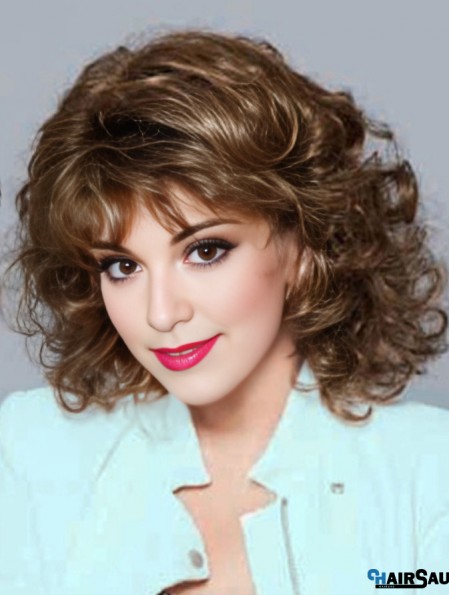 No-Fuss Brown Shoulder Length Curly With Bangs Lace Front Wigs