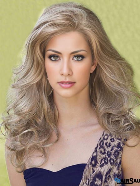 Designed Blonde Long Without Bangs Wavy Glueless Lace Front Wigs
