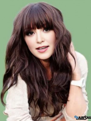 Real Hair  Wigs Long Length Brown Color With Bangs Monofilament